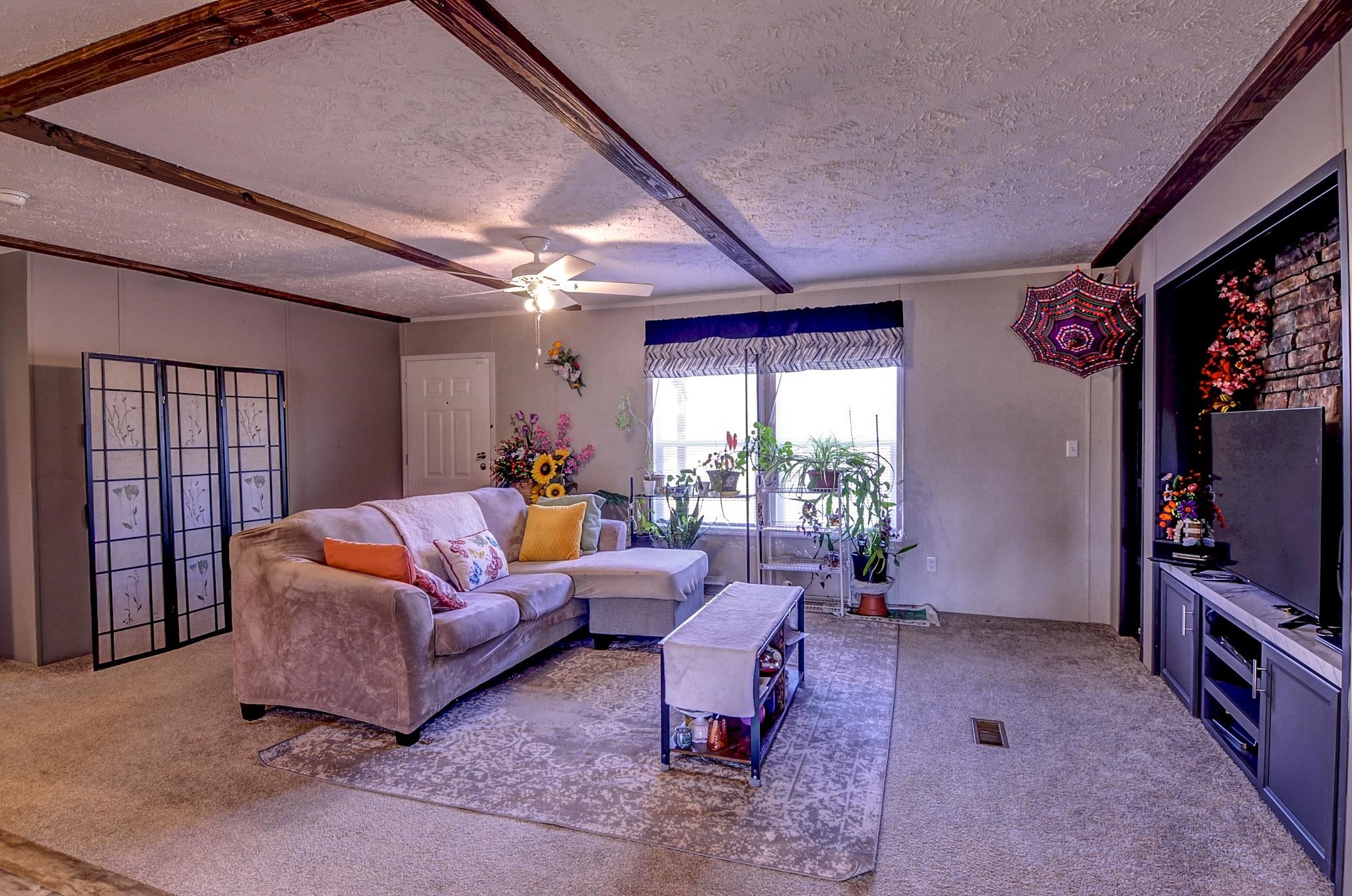 2450 South Neely Road Middleton, TN 38052 - Photo 7 of 38 Carpeted living area with a textured ceiling and ceiling fan