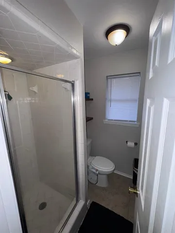 a bathroom with a shower and a toilet
