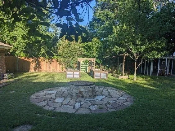 a view of a yard with plants and a bench