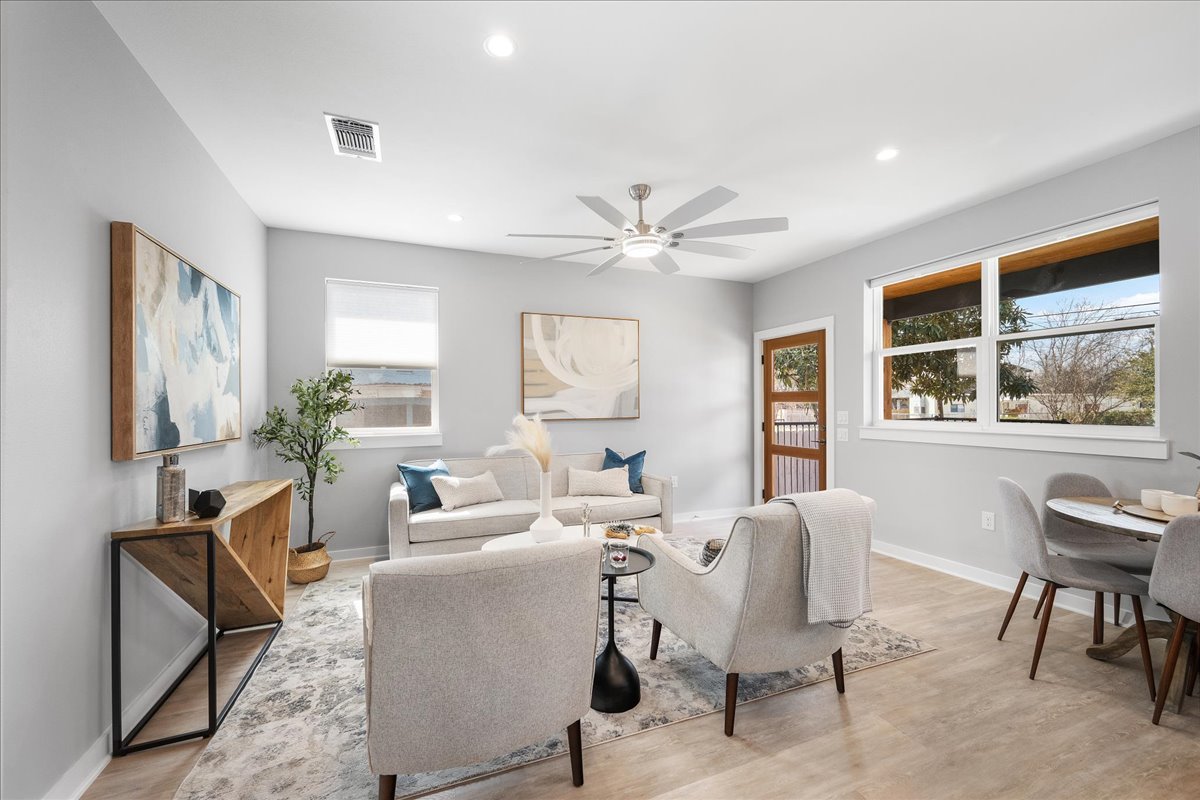 1149 Ebert Avenue, Unit D Austin, TX 78721 - Photo 17 of 34 Living room featuring light wood-style flooring, ceiling fan, and recessed lighting