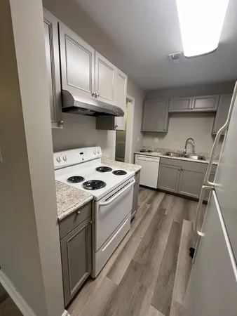 a kitchen with a stove sink and refrigerator