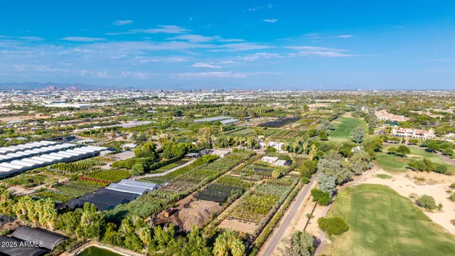 an aerial view of residential houses with outdoor space and trees