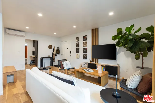 a living room with furniture potted plant and a flat screen tv