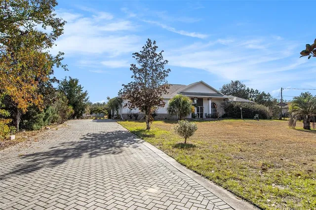 a view of a swimming pool with a yard and potted plants