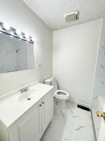 a bathroom with a sink a toilet and mirror