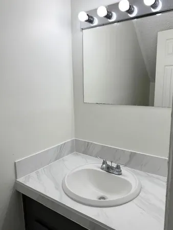 a bathroom with a sink and a mirror
