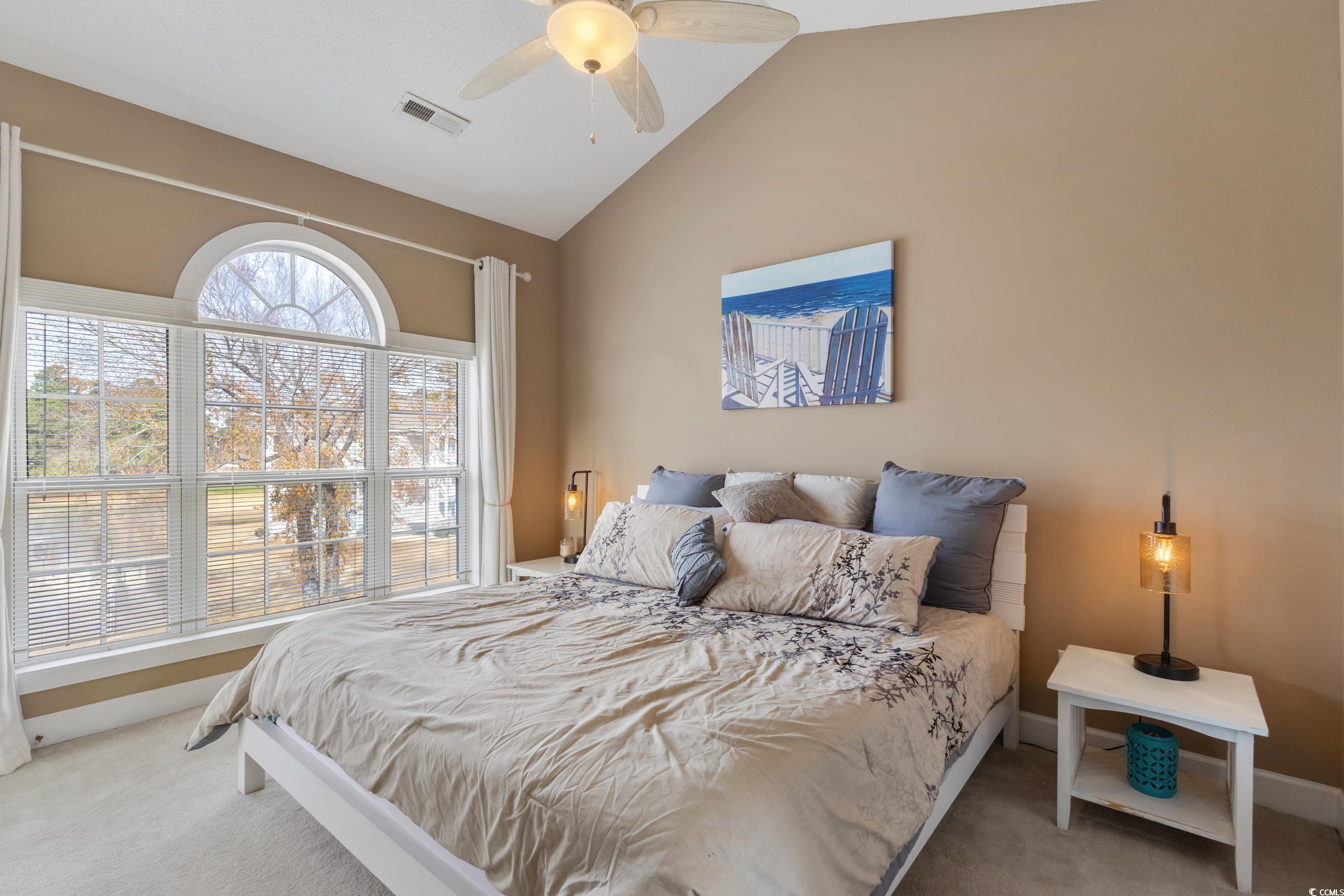 4781 Wild Iris Drive, Unit 301 Myrtle Beach, SC 29577 - Photo 17 of 33 Bedroom featuring lofted ceiling, light colored carpet, and a ceiling fan