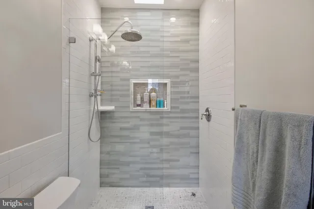 a bathroom with a shower and a toilet
