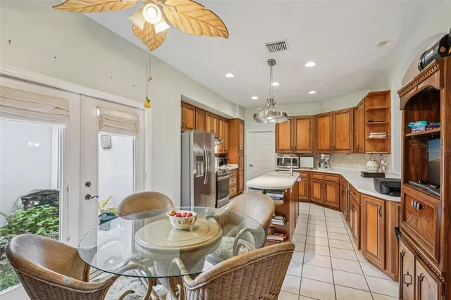 a view of a dining room with furniture