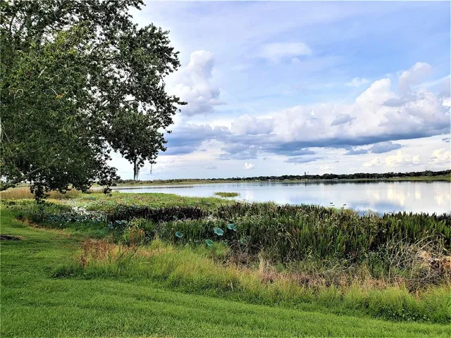 a view of a lake with a yard