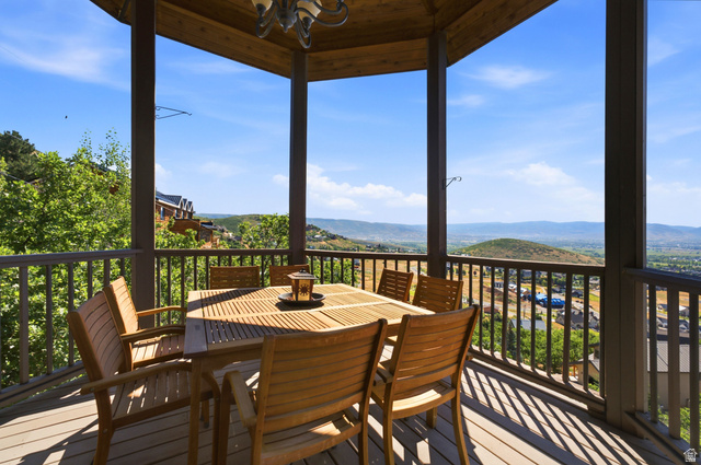 335 Bern Way Midway, UT 84049 - Photo 25 of 88 Covered outdoor deck with wood-finish flooring, dark wood railings, and a built-in light fixture