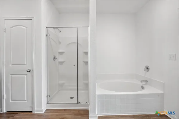 a bathroom with a bathtub and a shower
