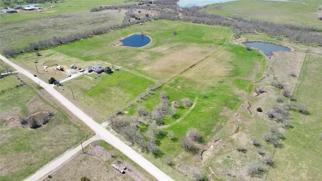 an aerial view of a swimming pool