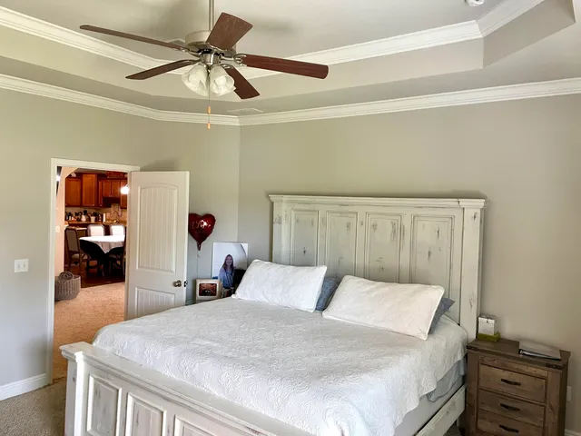 a bed room with a bed and a ceiling fan