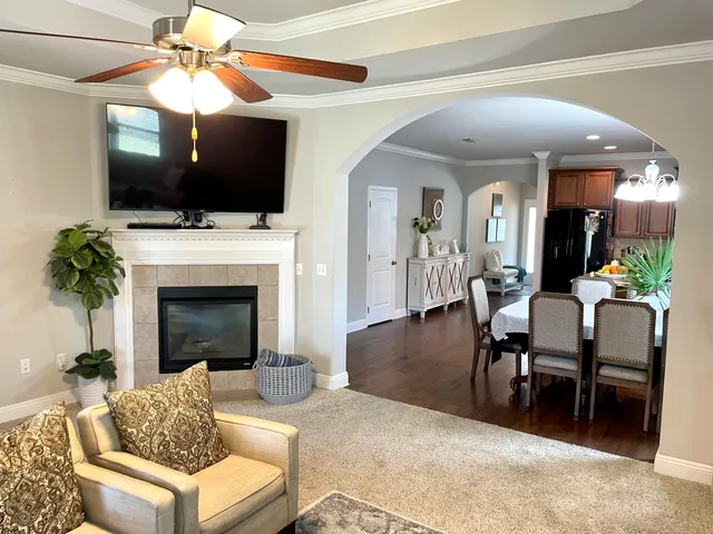 a living room with furniture a flat screen tv and a fireplace