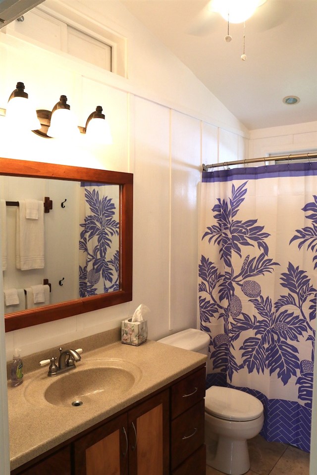 1061 Kokomo Road Haiku, HI 96708 - Photo 24 of 30 a bathroom with a granite countertop sink toilet and a mirror