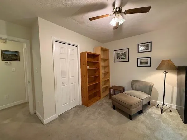 a bedroom with furniture and a ceiling fan