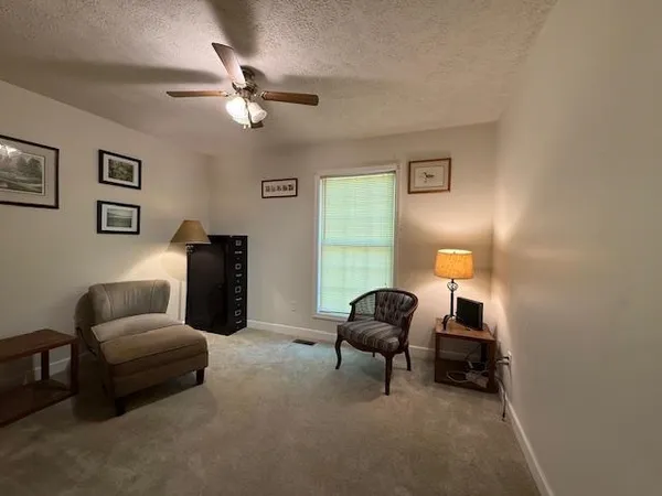 a living room with furniture and a ceiling fan