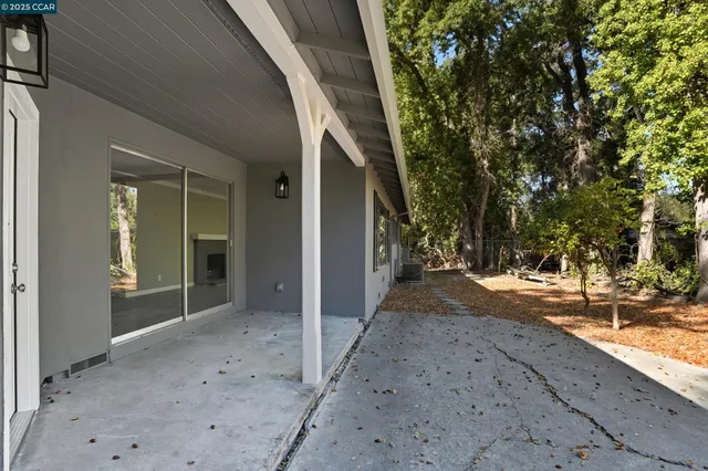 a backyard of a house with table and chairs under a large tree