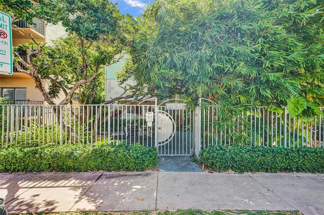 a view of a pathway with a garden