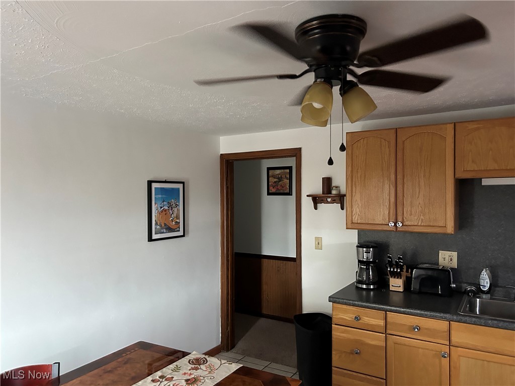 3005 Bardshar Road Sandusky, OH 44870 - Photo 17 of 24 Kitchen featuring tile patterned flooring, dark countertops, a ceiling fan, and a sink