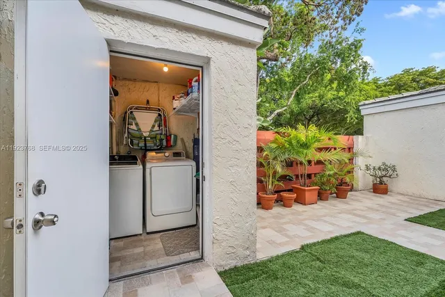 a view of a porch with seating space
