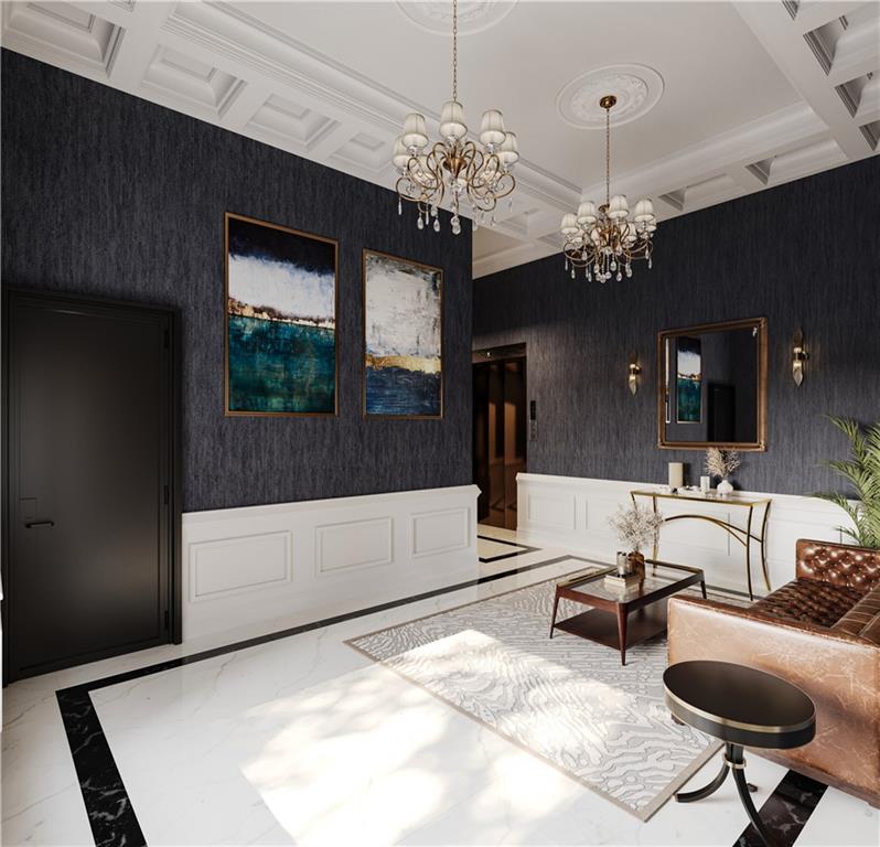 5804 Bryant Street, Unit 201 Pittsburgh, PA 15206 - Photo 2 of 6 a living room with furniture a chandelier and a flat screen tv