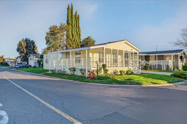 a front view of a house with a yard and potted plants