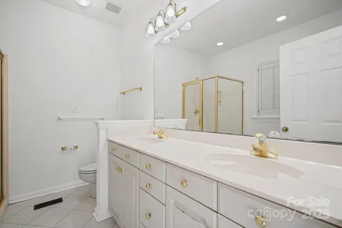 a bathroom with a sink a toilet and a large mirror