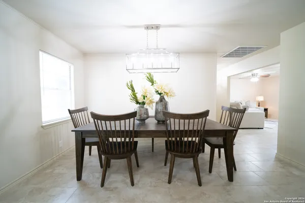 a view of a dining room with furniture window and outside view