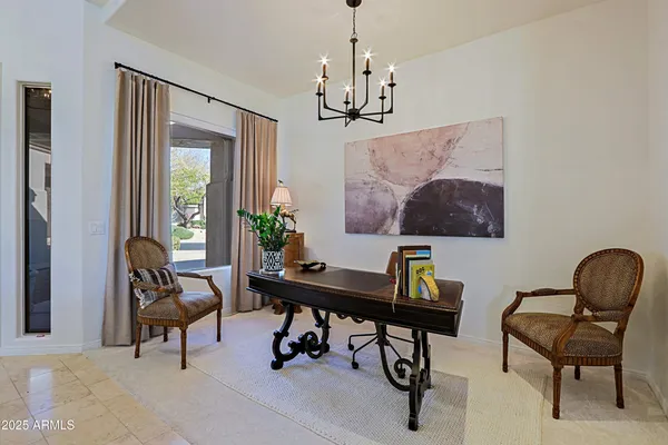 a view of a dining room with furniture window and outside view