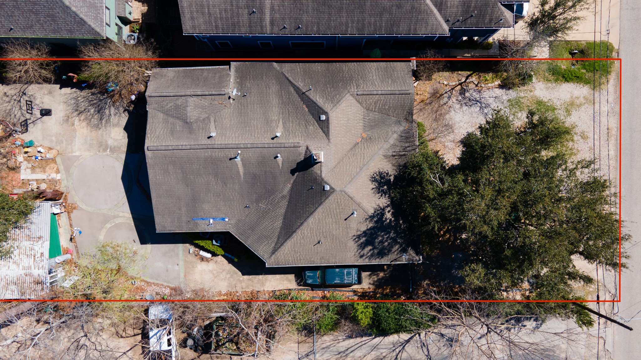 a aerial view of a house with a yard