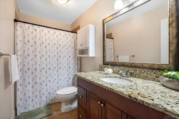 a bathroom with a granite countertop sink toilet and shower