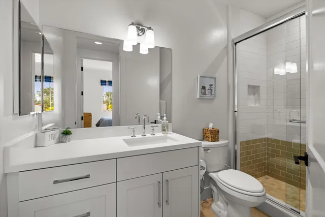 a bathroom with a sink a toilet a mirror a vanity and shower