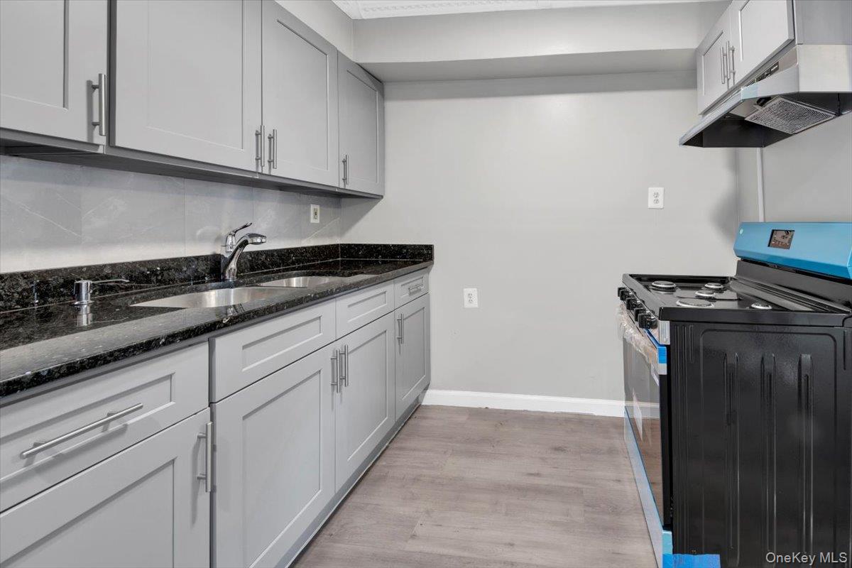 437 Torry Avenue, Unit 2 Bronx, NY 10473 - Photo 2 of 16 Kitchen featuring black stove, dark stone counters, gray cabinetry, and light wood finished floors