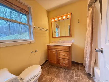a bathroom with a granite countertop sink toilet and shower