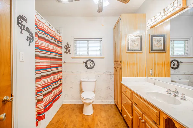 a bathroom with a sink a toilet and a shower curtain