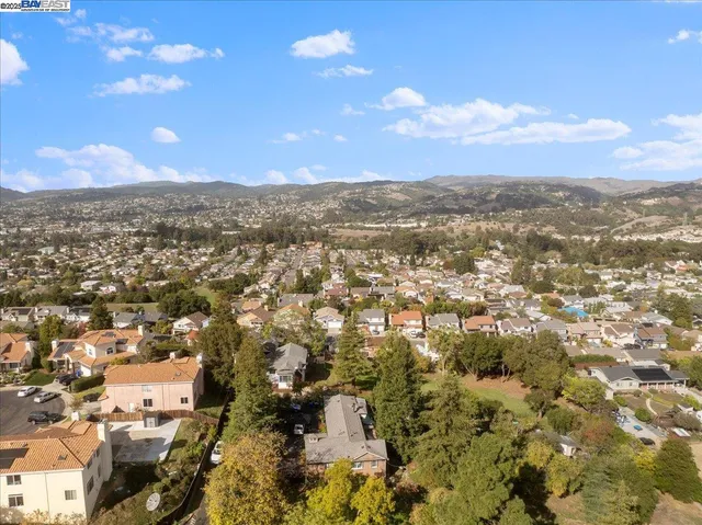 an aerial view of residential houses with outdoor space and trees