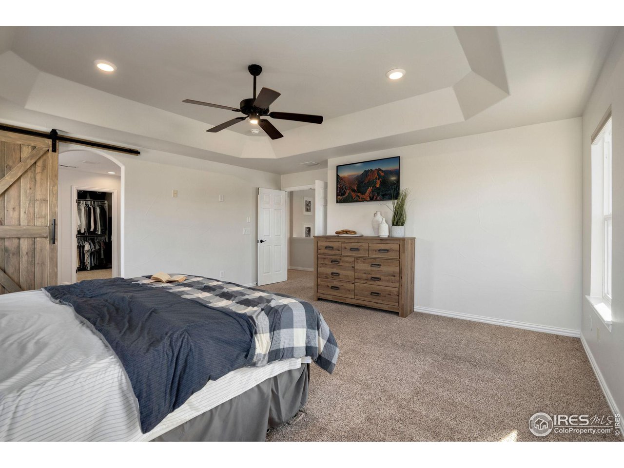 1540 Millfleet Drive Windsor, CO 80550 - Photo 21 of 40 a bedroom with a bed and a ceiling fan