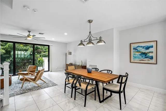 a view of a dining room with furniture window and outside view