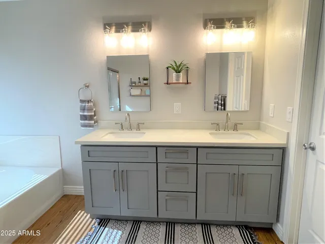 a bathroom with a sink double vanity and a bathtub