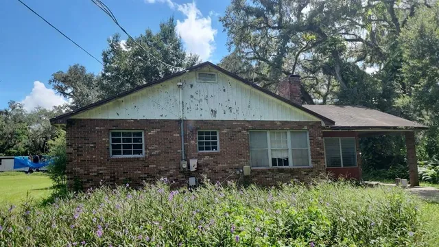 a view of house with garden and tall trees