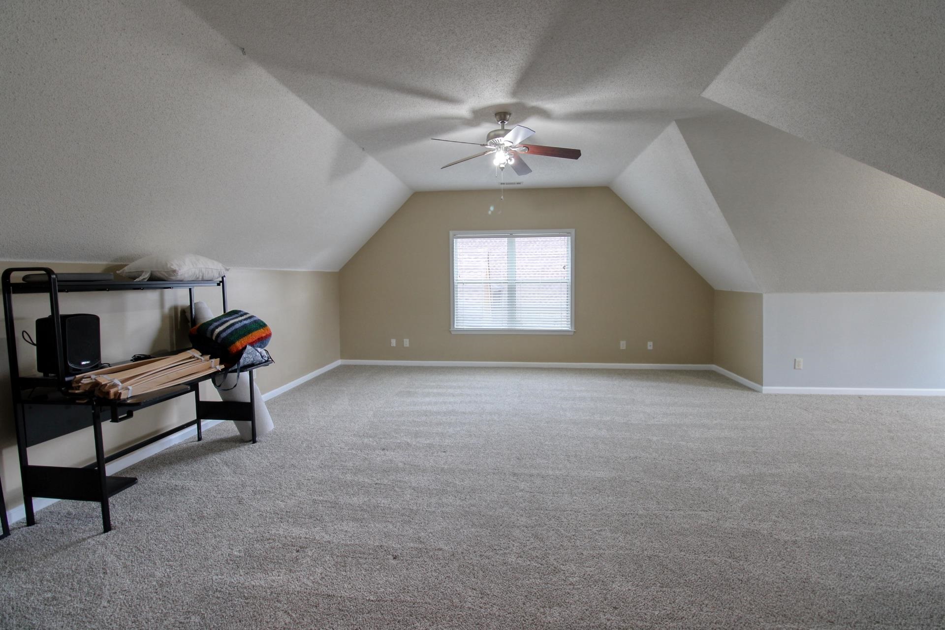 25 Whispering Ridge Cove Oakland, TN 38060 - Photo 15 of 19 Spacious room featuring sloped ceilings, a centered window with horizontal blinds, neutral-toned walls, and plush carpeting