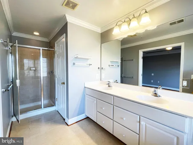 a bathroom with a double vanity sink mirror and shower