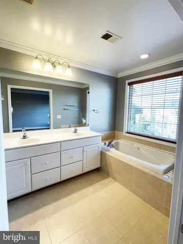 a bathroom with a large tub sink and mirror