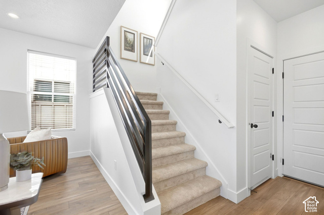 153 East Rochefort Court Sandy, UT 84070 - Photo 15 of 43 Modern stair railing with dark metal balusters, light wood-finish flooring, white paneled doors, and a neutral carpeted staircase