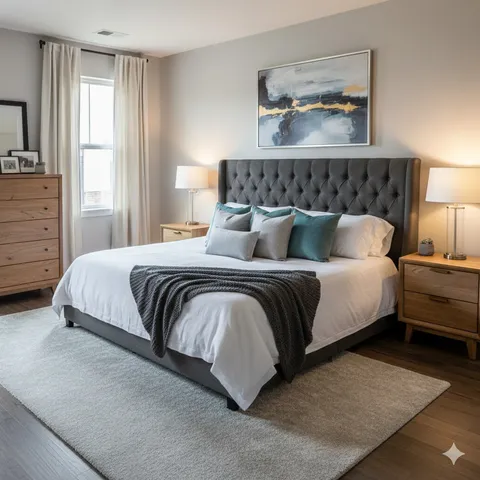 a bedroom with a bed and window