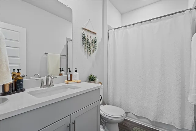 a bathroom with a granite countertop sink toilet and a mirror