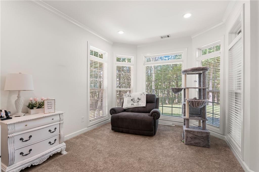 642 Nuckols Road Seale, AL 36875 - Photo 13 of 48 Bay window with multiple large windows, crown molding, white painted walls, recessed lighting, and carpet flooring
