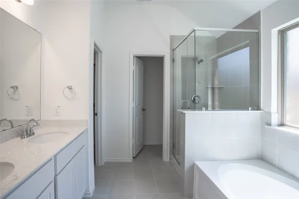 a bathroom with a tub sink and mirror